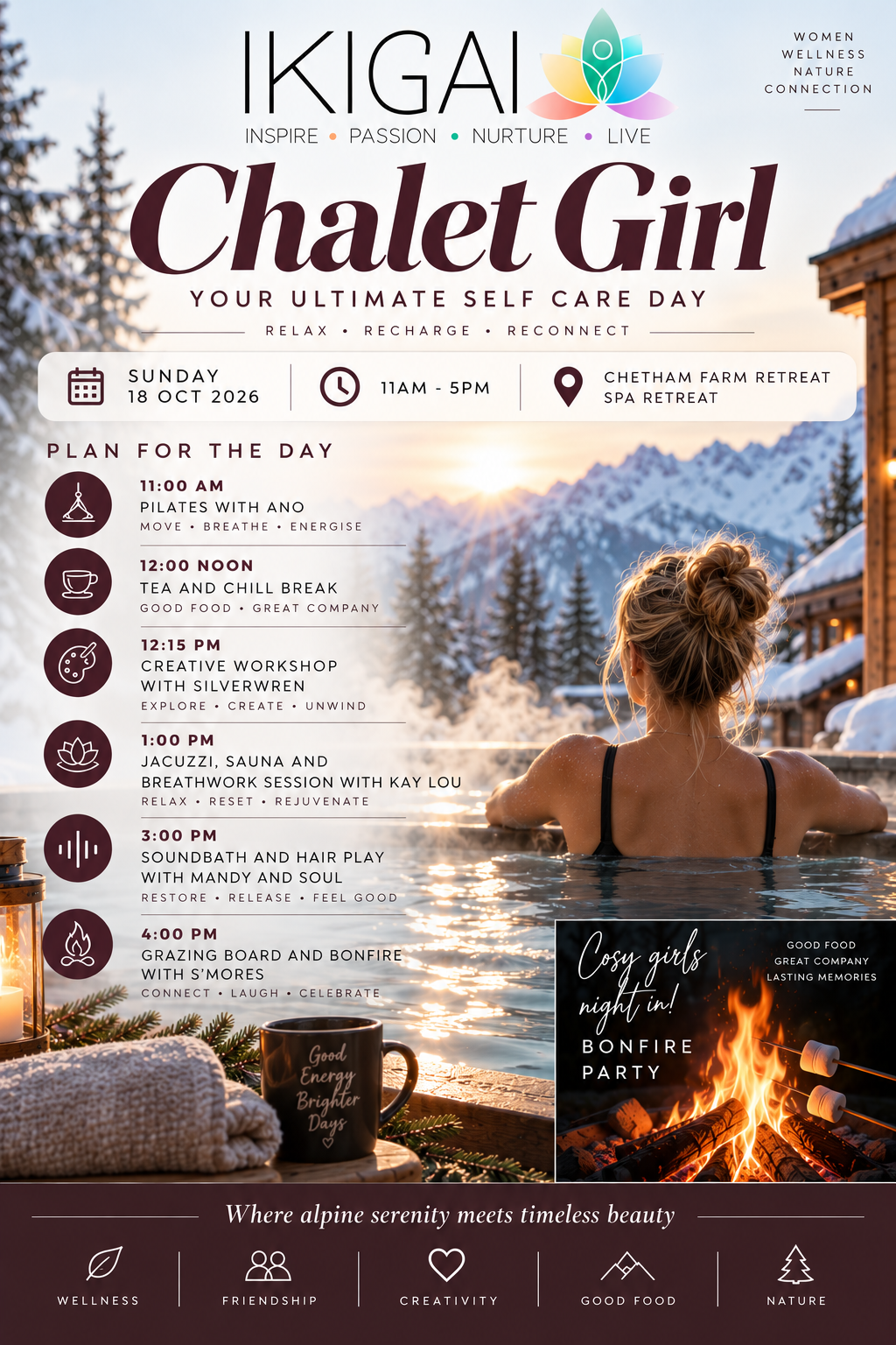 Chalet Girl event flyer: Sunday 18 October 2026, 11am to 5pm at Chetham Farm Retreat. Full programme alongside.